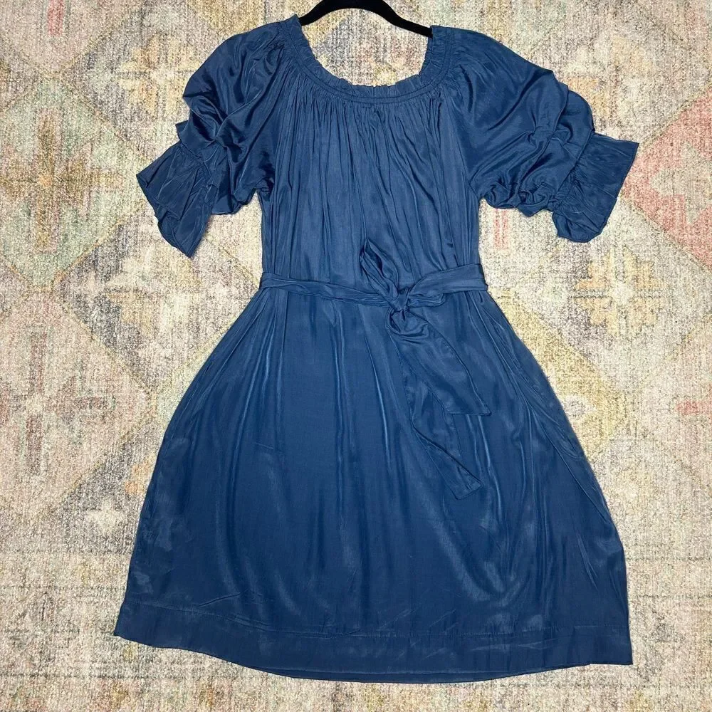 Mersea Blue Tulum Ruffle Dress Tie Waist Size Small - Picture 5 of 10